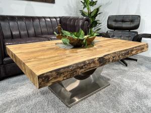 Couchtisch "Deep Island" ca. 120 x 82 x 50 cm aus recyceltem Altholz mit Edelstahlgestell in Halbmondform und Glaseinlage