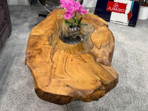 Einmaliger Couchtisch aus Teak Baumscheiben und Glas