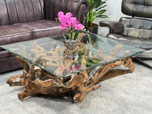 Baumwurzel Couchtisch "Root" aus Teakholz ca. 110 x 90 x 46,5 cm mit Applikationen aus Aluminium und Glasplatte Baumwurzel Couchtisch Root aus Teakholz