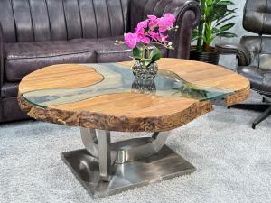 Massivholz Couchtisch mit Glaseinlage Fjord