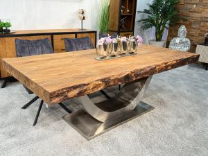 Design Massivholztisch "Deep Island" ca. 220 x 100 x 77,5 cm aus recyceltem Altholz mit Edelstahlgestell