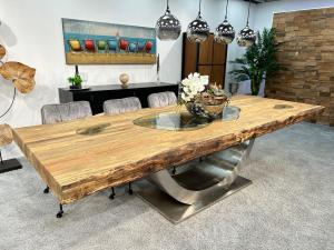 Design Massivholztisch aus recyceltem Altholz "Deep Island" ca. 300 x 113 x 80,5 cm mit einem Tischgestell aus Edelstahl und Glaseinlagen