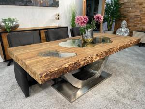 Stilvoller Esstisch aus massivem Teakholz und Glas 220 cm