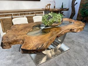 Designtisch aus Baumscheiben "Expression" (ca. 200 x 80-108 x 76 cm) mit Glaseinlage und Edelstahlgestell