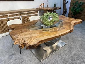 Designtisch aus Baumscheiben "Expression" (ca. 190-193 x 88-108 x 78 cm) mit Glaseinlage und Edelstahlgestell