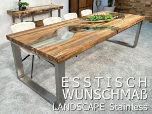 Maßtisch Esstisch "Landscape" aus Altholz mit Edelstahlkufen und zwei Glaseinlagen