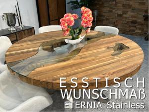 Runder Maßtisch Esstisch "Eternia" aus massivem Altholz mit einem Kreuzgestell aus Edelstahl
