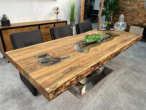 Esstisch / Massivholztisch "Deep Island" ca. 249 x 105 x 77 cm aus recyceltem Altholz mit Edelstahlgestell