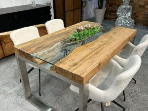 Moderner Esstisch "Elements Teak" (ca. 140 x 90 x 78  cm) mit Glas und Edelstahlgestell