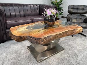 Couchtisch "Expression" ca. 116 x 63-74 x 48 cm aus Teakholz mit Glaseinlagen