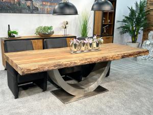Esstisch / Massivholztisch "Deep Island" ca. 250 x 100 x 81 cm aus recyceltem Altholz mit Edelstahlgestell