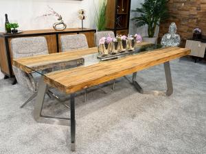 Esstisch aus Holz "Elements Teak Freestyle" (ca. 220 x 100 x 78 cm) mit Glas und Edelstahlgestell