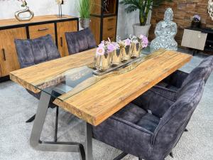 Esstisch aus Holz "Elements Freestyle" (ca. 160 x 90 x 77 cm) mit Glass mit Edelstahlgestell