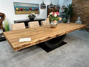 Edler Massivholztisch "Deep Island" aus recyceltem Holz ca. 350 x 122 x 78 cm mit Rohstahlgestell