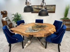 Designtisch aus Teakholz ( ca.190 x 157 x 80 x 9 cm) "Eternia Root" mit Edelstahlgestell und eingefrästem Glas