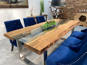Designtisch "Old Elements" ca. 220 x 100 x 78,5 cm aus recycelten Teakholzbohlen mit Glaseinlage und Edelstahlgestell