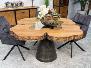 Einzelstück Esstisch "Natural Eternia Rose" (ca. 150 x 140 x 77,5 cm) aus recyceltem Holz mit Glaseinlage und Rohstahlgestell