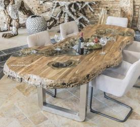 Esstisch "Fjord" 255 x 100-110 x 81 cm aus recyceltem Altholz mit Edelstahl Gestell und Glaseinlage