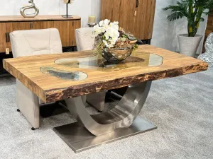 Solid wood dining table with glass inlays, seating for 6 people.