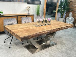 Esstisch "Deep Island" ca. 220 x 100 x 77 cm aus recyceltem Altholz mit Edelstahlgestell