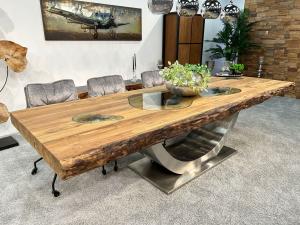 Esszimmertisch aus recyceltem Altholz "Deep Island" ca. 300 x 100 x 76,5 cm mit einem Tischgestell aus Edelstahl und Glaseinlagen