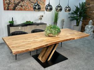 Esszimmertisch mit Baumkante 250 x 100 cm "CANYON X" aus Akazie (Finishing Eiche)
