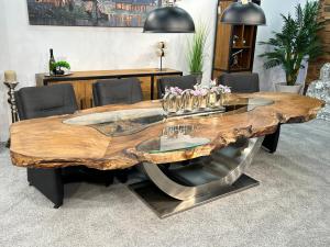 Designtisch (ca. 316 x 82-125 x 78 cm) aus Baumscheiben "Expression" mit Glaseinlagen und Edelstahlgestell