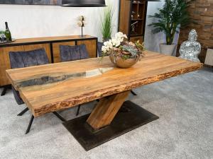 Esstisch "Deep Island Chain Leg", ca. 220 x 100 x 77 cm, aus Teakholz mit Glaseinlage