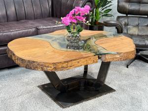 Massivholz Couchtisch mit Glaseinlage "Fjord" ca.120 x 70-87 x 49 cm mit Rohstahlgestell