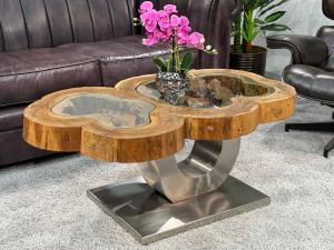 Wohnzimmertisch "Lakeside" aus Baumstamm Suar, ca. 105 x 55-64 x 46 cm, mit einem Edelstahlgestell in Tassenform