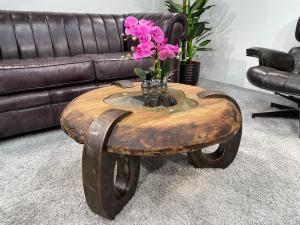 Runder Couchtisch "Clash"  aus recyceltem Teakholz ca. Ø 80 x 40 cm mit Glaseinlage und Tischbeinen aus Rohstahl