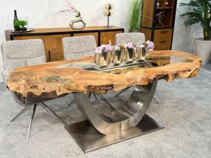 Massiver Esstisch  "Expression" (ca. 218 x 82-92 x 79 cm) mit Glaseinlagen und  Rohstahlgestell