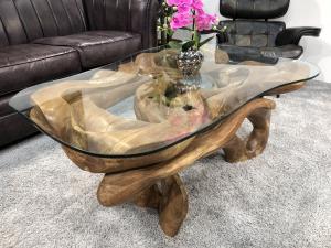 Wohnzimmertisch aus einer Baumwurzel ca. 140 x 93 x 46,5 cm "Roots" mit Glasplatte