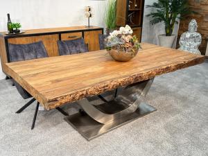 Esstisch "Deep Island" ca. 220 x 100-105 x 77,5 cm aus recyceltem Altholz mit Edelstahlgestell