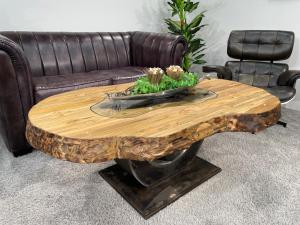 Organic oval wooden coffee table with glass top, approx. 138 x 82-92 x 50 cm
