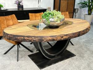 Ovaler Esstisch "Sky Island" 205 x 123 x 78  cm mit Glaseinlage und Rohstahlgestell