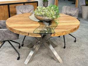Massivholztisch "Eternia" aus recycelten Teakholz ca. Ø 140 x 77 cm mit Edelstahlgestell und eingefrästem Glas