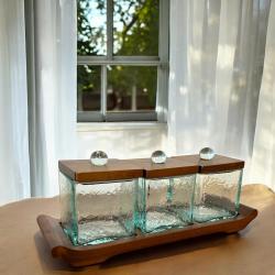 3er-Set mit Glasbecher auf Holzfuß und Deckel B27 x H9,5 cm x T9 cm