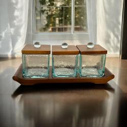 3er-Set mit Glasbecher auf Holzfuß und Deckel B27 x H9,5 cm x T9 cm