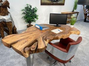 Schreibtisch / Tisch ca. 186 x 66-99 x 80 cm aus einer massivem Baumscheibe Suar inkl. Edelstahlgestell