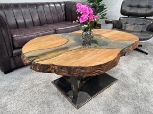 Wohnzimmertisch "Fjord" ca. 122 x 72-87 x 49,5 cm aus Holz (Altholz Teak) mit Rohstahlgestell
