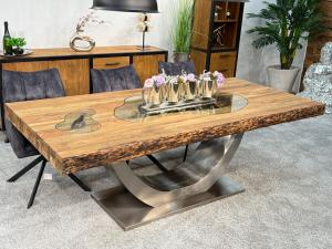 Design Massivholztisch "Deep Island" ca. 220 x 100 x 76,5 cm aus recyceltem Altholz mit Edelstahlgestell und Glaseinlage