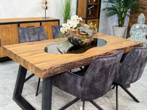 Echtholztisch "Deep Island Trapez" ca. 180 x 90 x 77 cm mit Glaseinlage und Rohstahlgestell