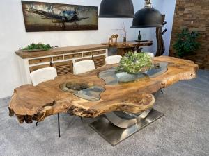 Esstisch aus Baumscheiben "Expression" ca. 290 x 95-128 x 79 cm mit Glaseinlagen und XXL-Edelstahlgestell