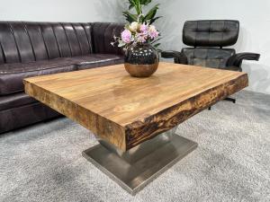 Solid wood coffee table rectangular with steel frame live edge reclaimed wood