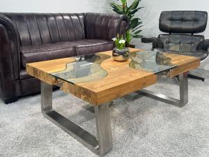 Wohnzimmertisch aus Holz mit Glaseinlage, 120x80x45 cm