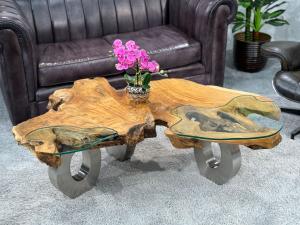 Couchtisch "Lakeside" ca. B138 x L65-75 x H45 cm mit Glaseinlagen und Edelstahlgestell