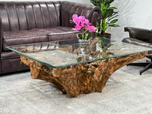 Baumwurzel Couchtisch "Root" aus Teakholz ca. 130 x 90 x 44,5 cm Applikationen aus Aluminium und Glasplatte Baumwurzel Couchtisch Root aus Teakholz
