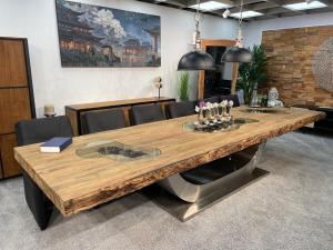 Designtisch / Konferenztisch / Esstisch "Deep Island XXL" ca. 400 x 120-122 x 78 cm aus recyceltem Altholz mit XXL-Edelstahlgestell und Glaseinlagen