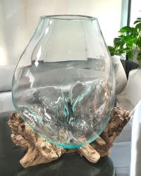 Glasvase auf Wurzelholz geschmolzenes Glas Holzsockel 40 cm XXL